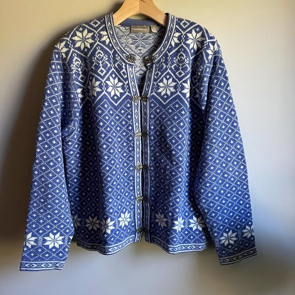 Croft & Barrow Sweaters - Croft & Barrow Wool Blue and Cream Winter Cardigan Size XL
